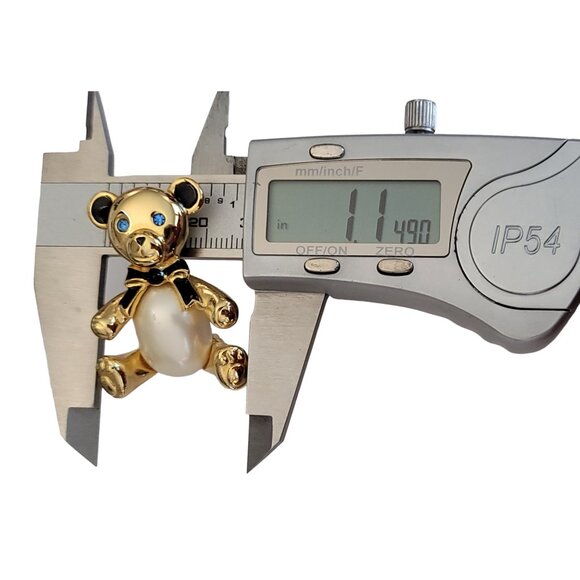 Carolee Gold-Tone Blue Rhinestone, Faux Pearl Belly Bear Brooch Pin, Signed M780 - Picture 7 of 9